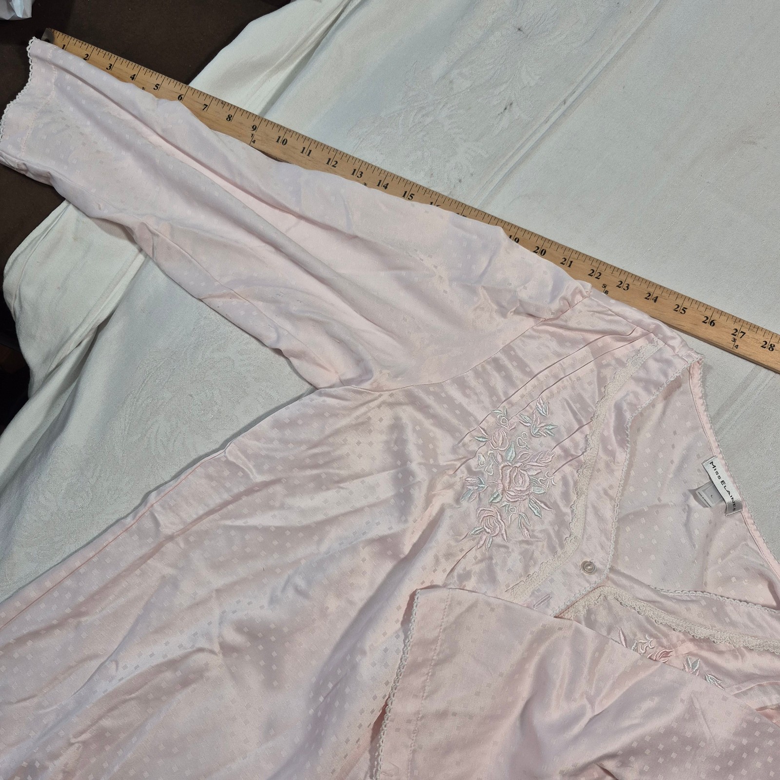 VTG Miss Elaine Pink Check Satin Nightgown Embroidered Floral Size L 90s
