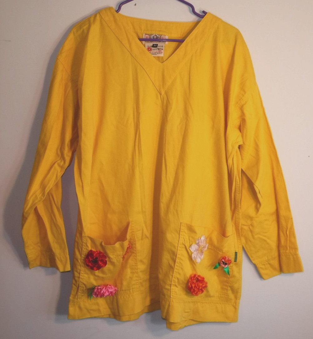 Gene Ewing BIS Wrinkle Rich Denim California Sunwash Yellow Shirt Flowers M Top
