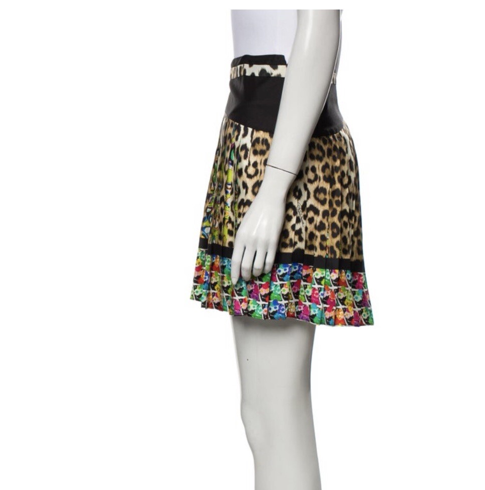 $1390 NWOT ROBERTO CAVALLI SILK LEOPARD PRINT PLEATED MINI SKIRT SZ S US4 IT40