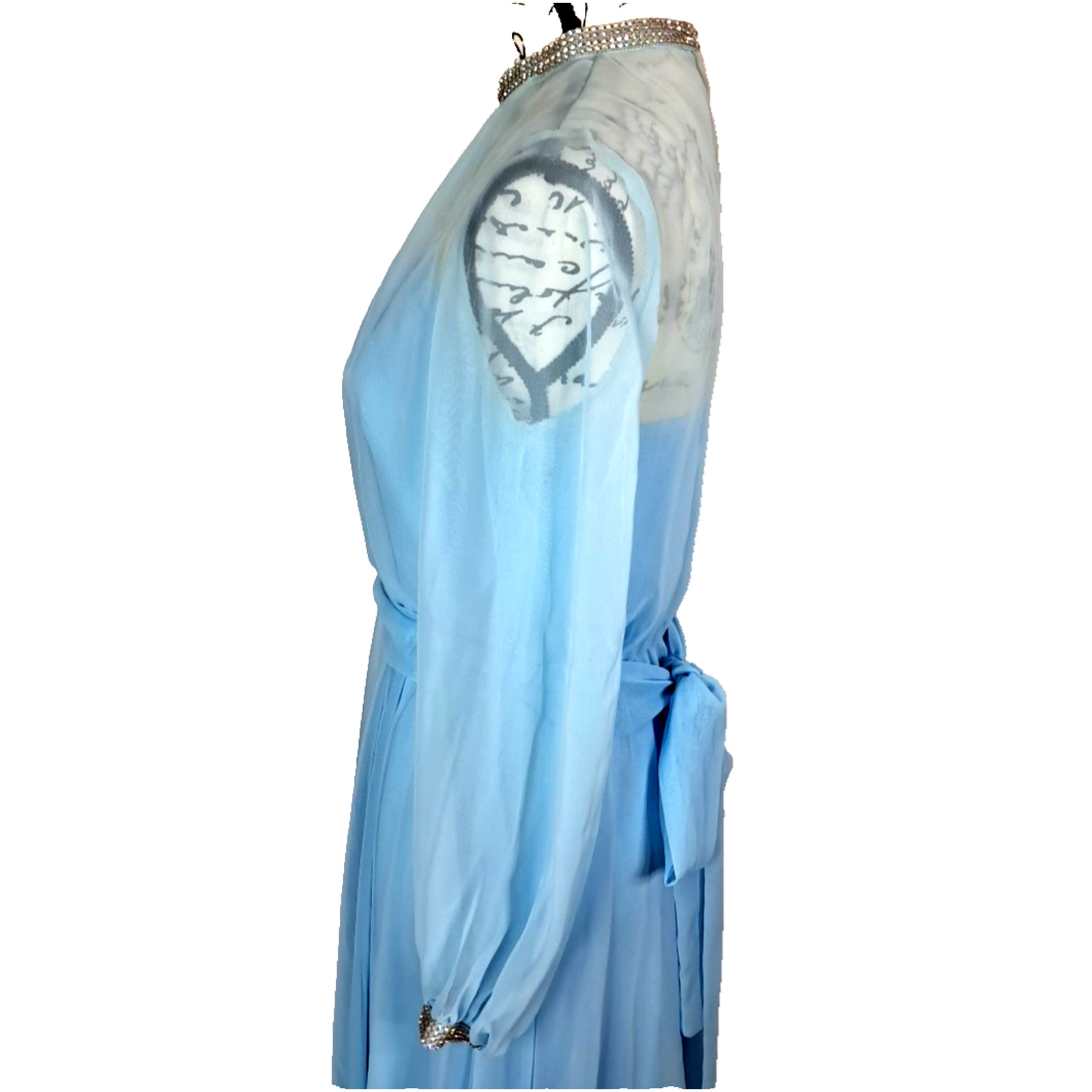 Vtg 70s Sheer Chiffon Rhinestone Maxi Dress Size 9 Blue Regency Formal Union Tag
