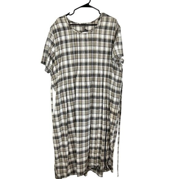 Retro Linen Plaid Dress Tan 22 Neutral Festive Holiday Classic Chic Preppy 80s