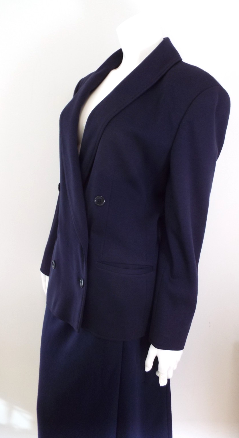 Vintage Giorgio Armani Navy Blue Wool Skirt Suit Double Breasted Blazer 44 Italy