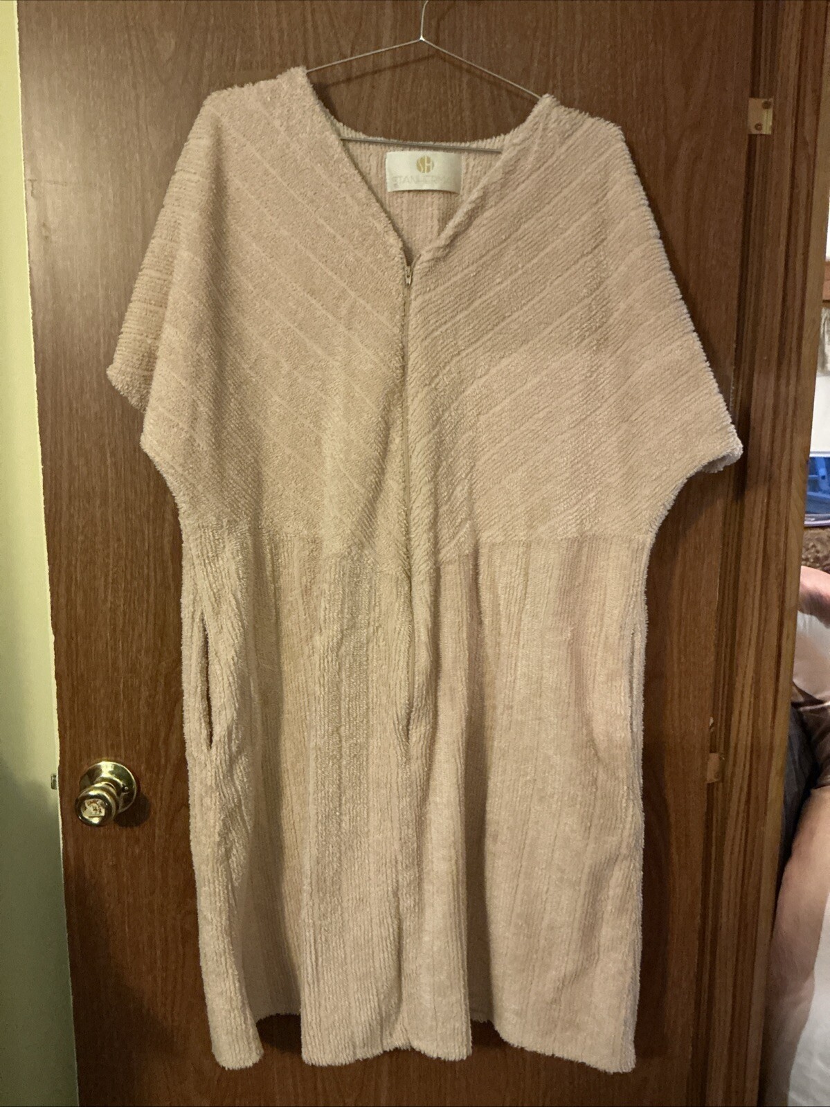 Vintage Stan Herman Chenille Short SZ XL Champagne Beige House Dress 3/4 Zip