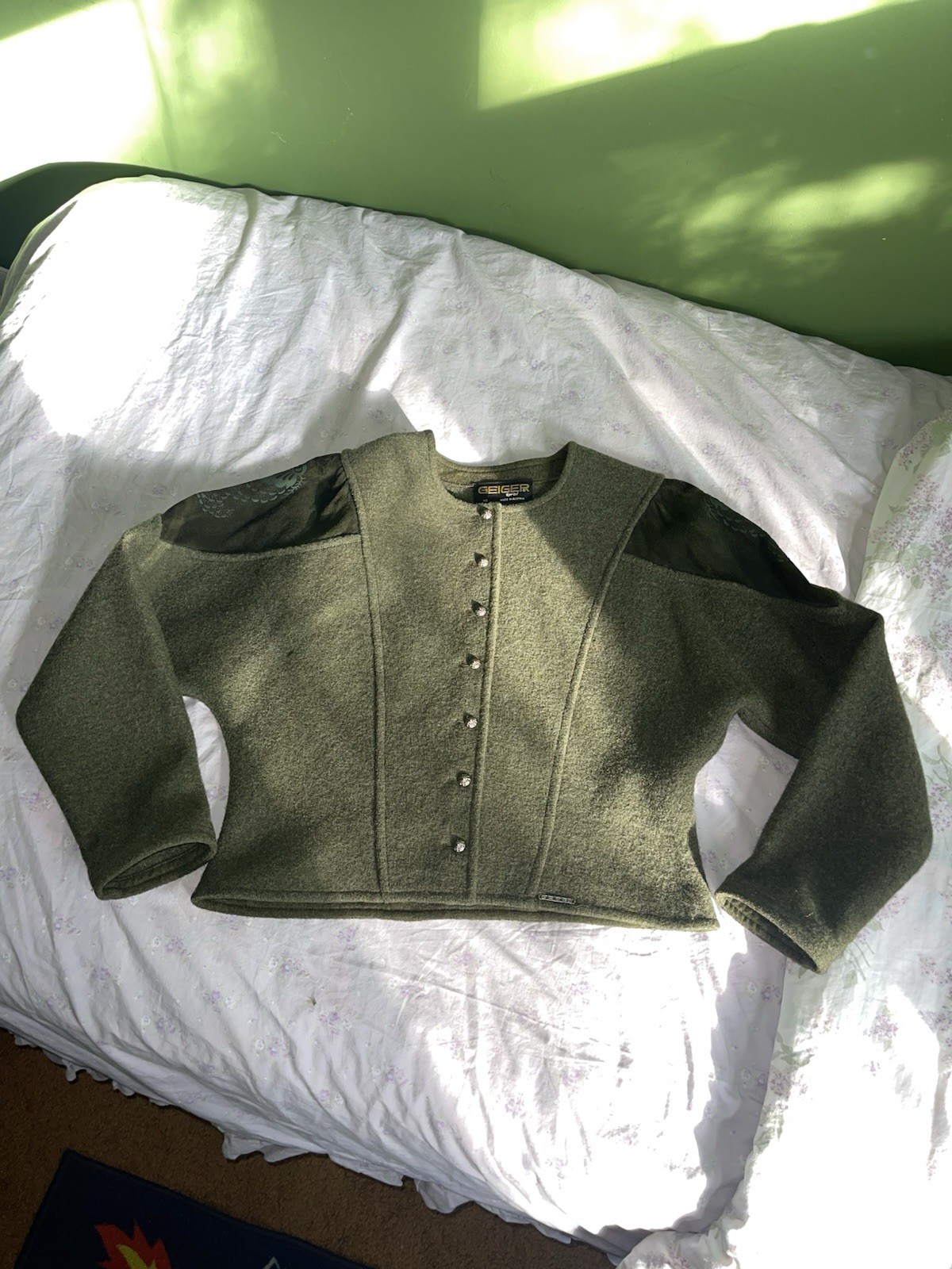 Vintage Austrian Wool Jacket Skirt 2 Piece By Geiger Tyrol Green/Black Size 40