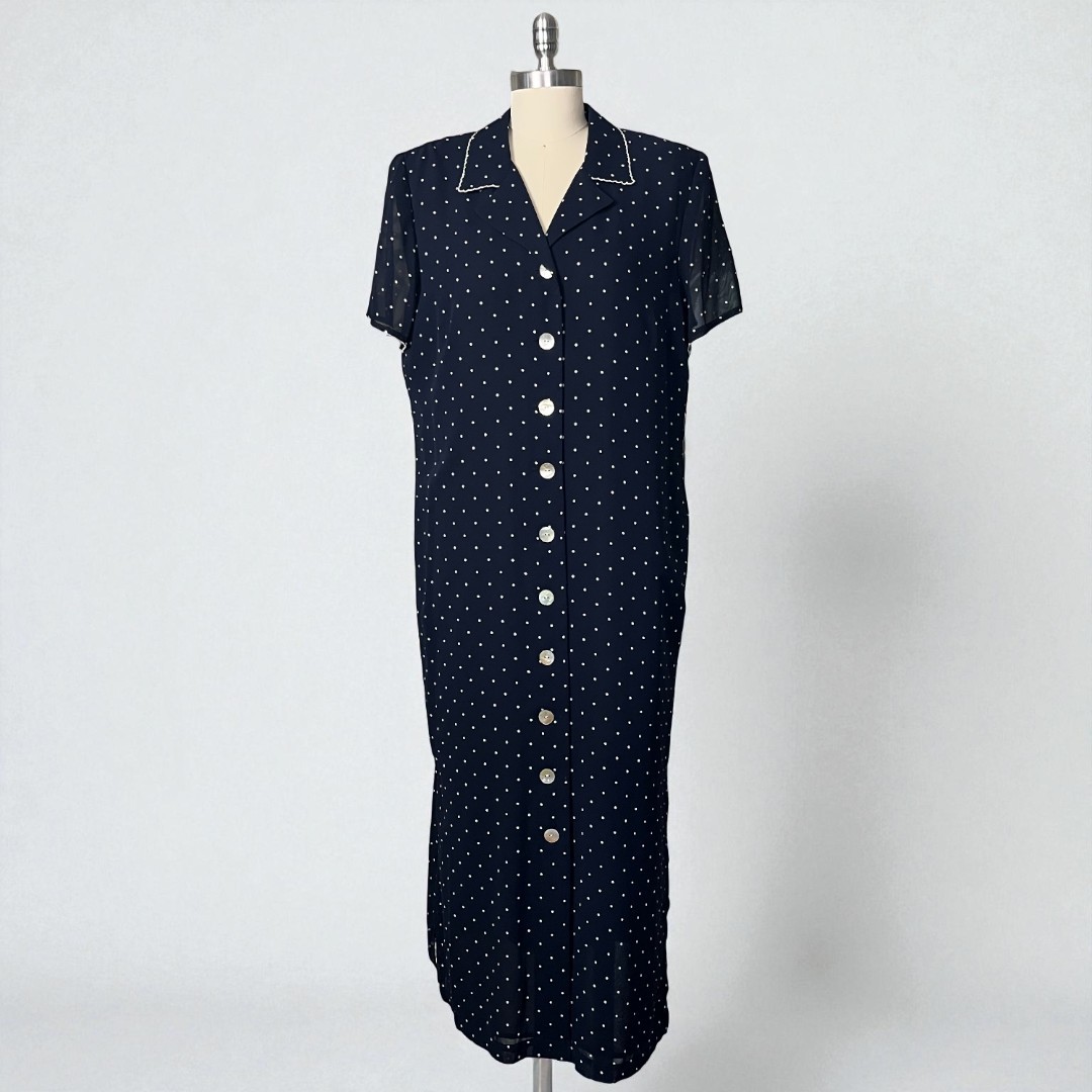 NWT VTG 90s Plaza South Coast 12P Maxi Navy Blue & White Polka Dot Shirt Dress