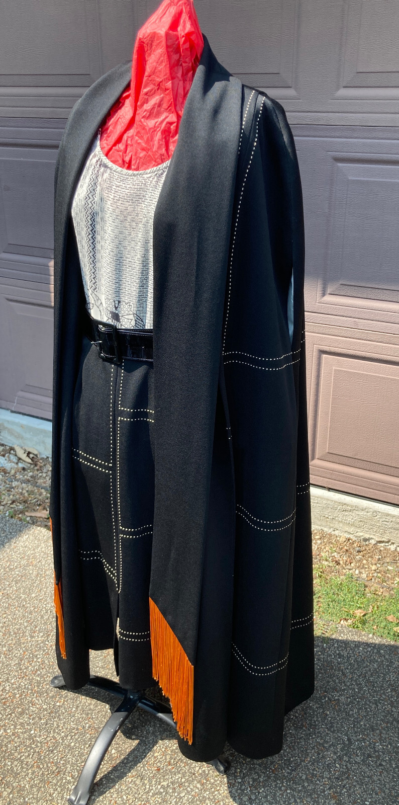 Alfred Werber Cape cloak coat dress black vintage abstract geometric sz 12 Poly
