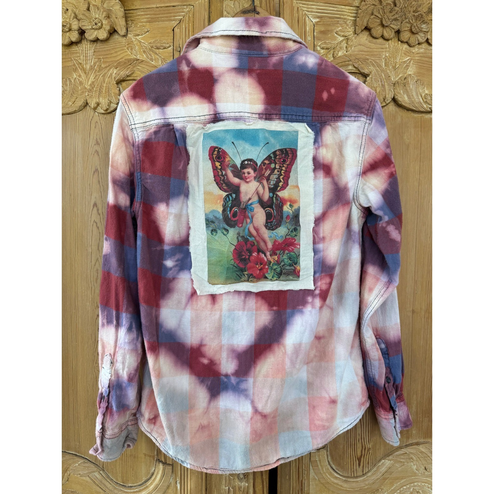 Upcycled Flannel Butterfly Cherub Patch Shirt Boho Folk Art Small