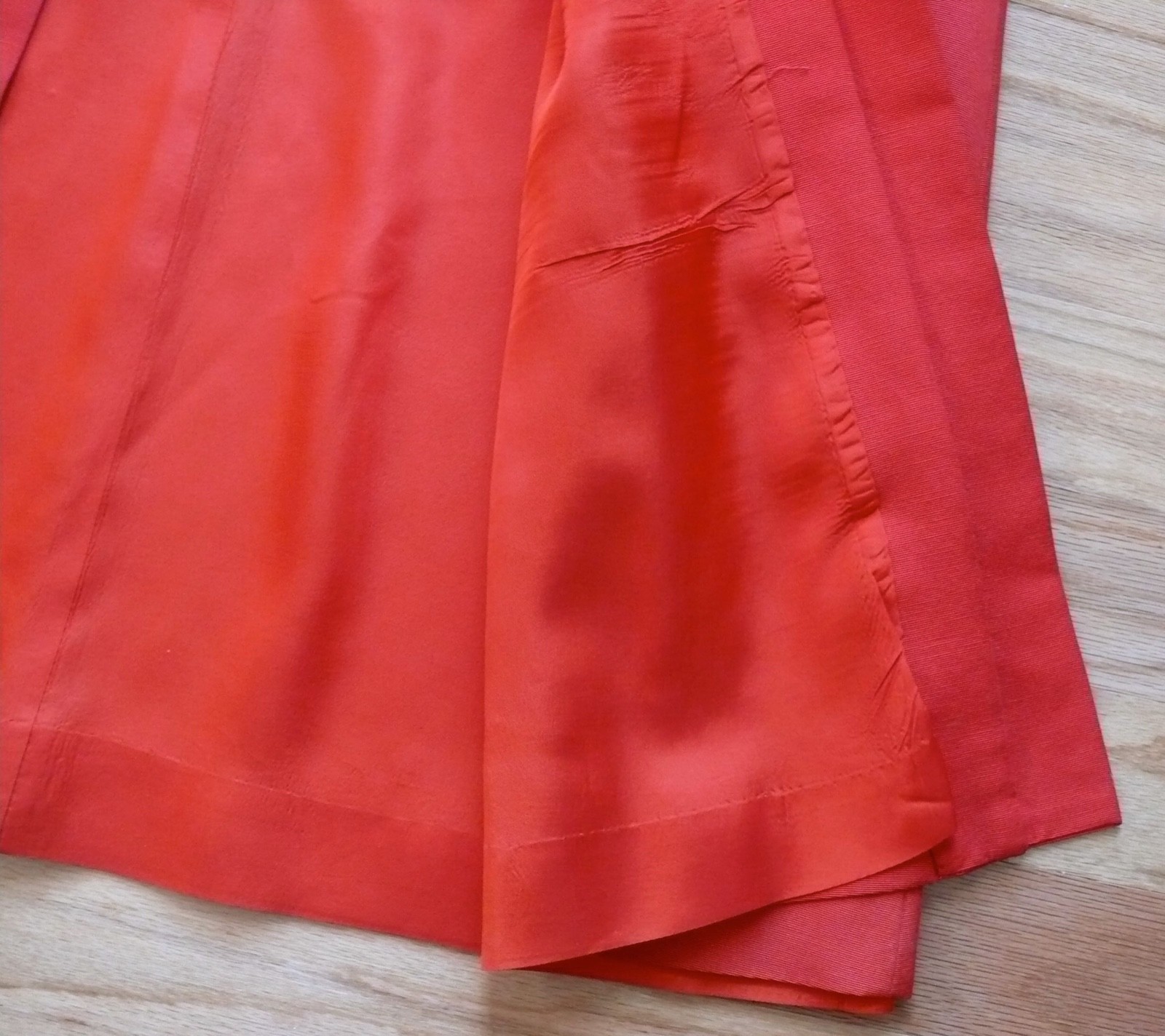 1950`s Red Faille` Silk & Rayon Blend Red Evening Coat with Black fur Collar
