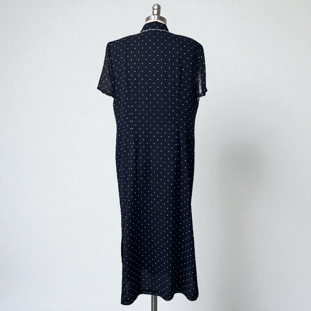 NWT VTG 90s Plaza South Coast 12P Maxi Navy Blue & White Polka Dot Shirt Dress
