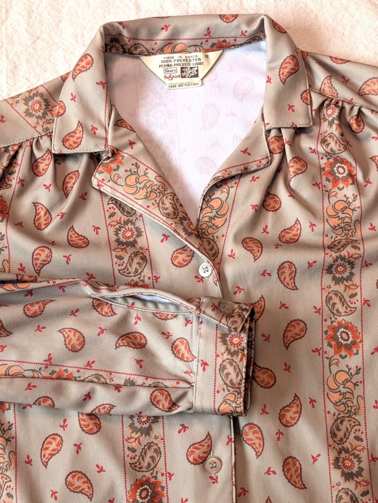 Sears Vintage Floral Paisley Women&rsquo;s 70s Hippy Boho PolyKnit Button Up Size 12