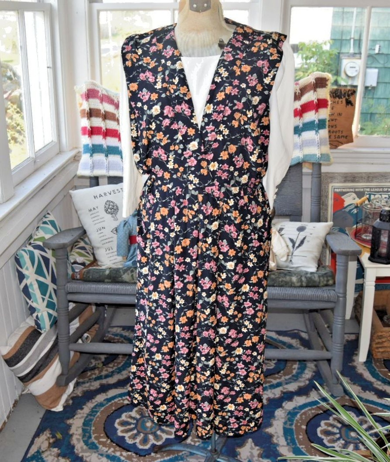 Vintage 80s S.L. Fashions Floral Print Dress Long Sleeve USA Made Size 8 Medium