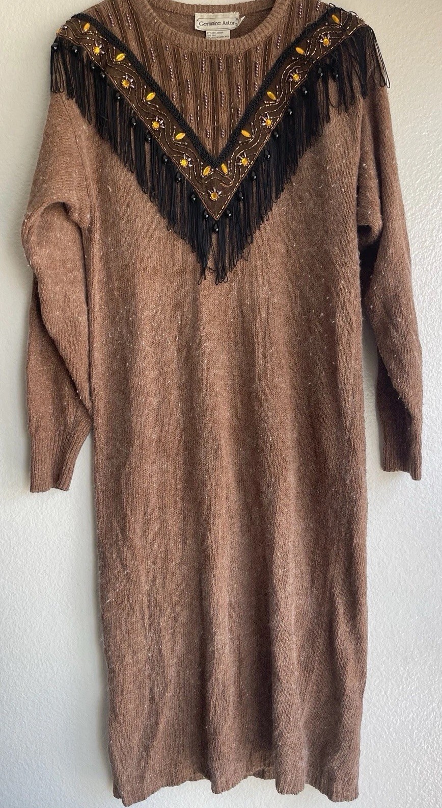 Vintage Germaine Astor 80&rsquo;s Tube Sweater Dress Silk Angora Brown Women’s Sz S