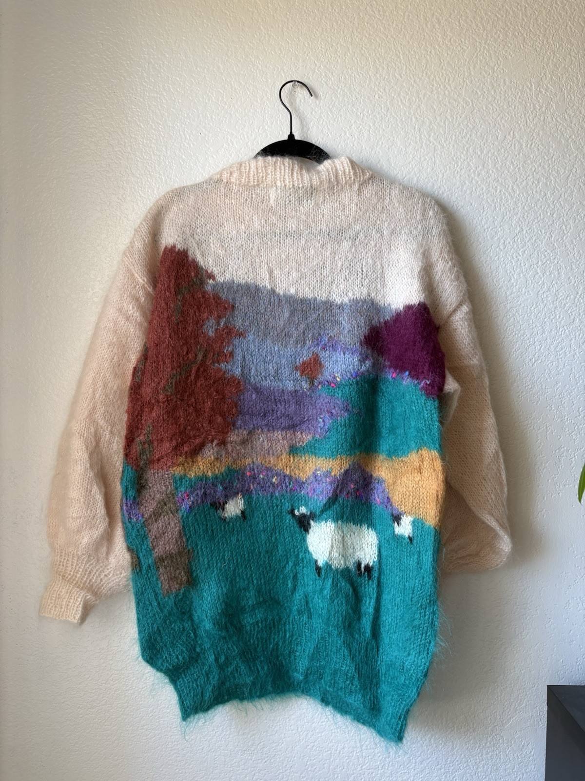 Susan Vale Hand Knitted Teal Multicolor Knit Sheep Landscape Sweater