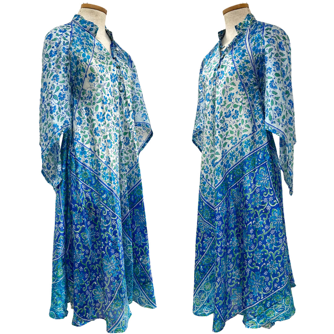 Vintage 1970s Zodiac Silk Cerulean Blue Midi Dress Caftan with Angel Sleeves