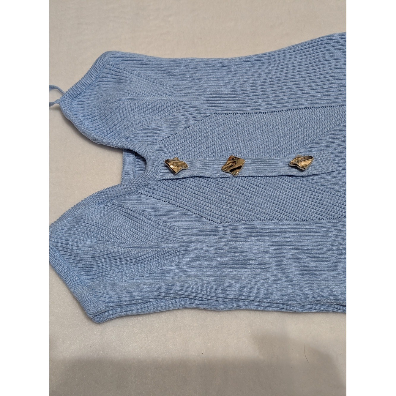 Light Blue Ribbed Knit Cami with Gold Accent Buttons Old Money Business Casual