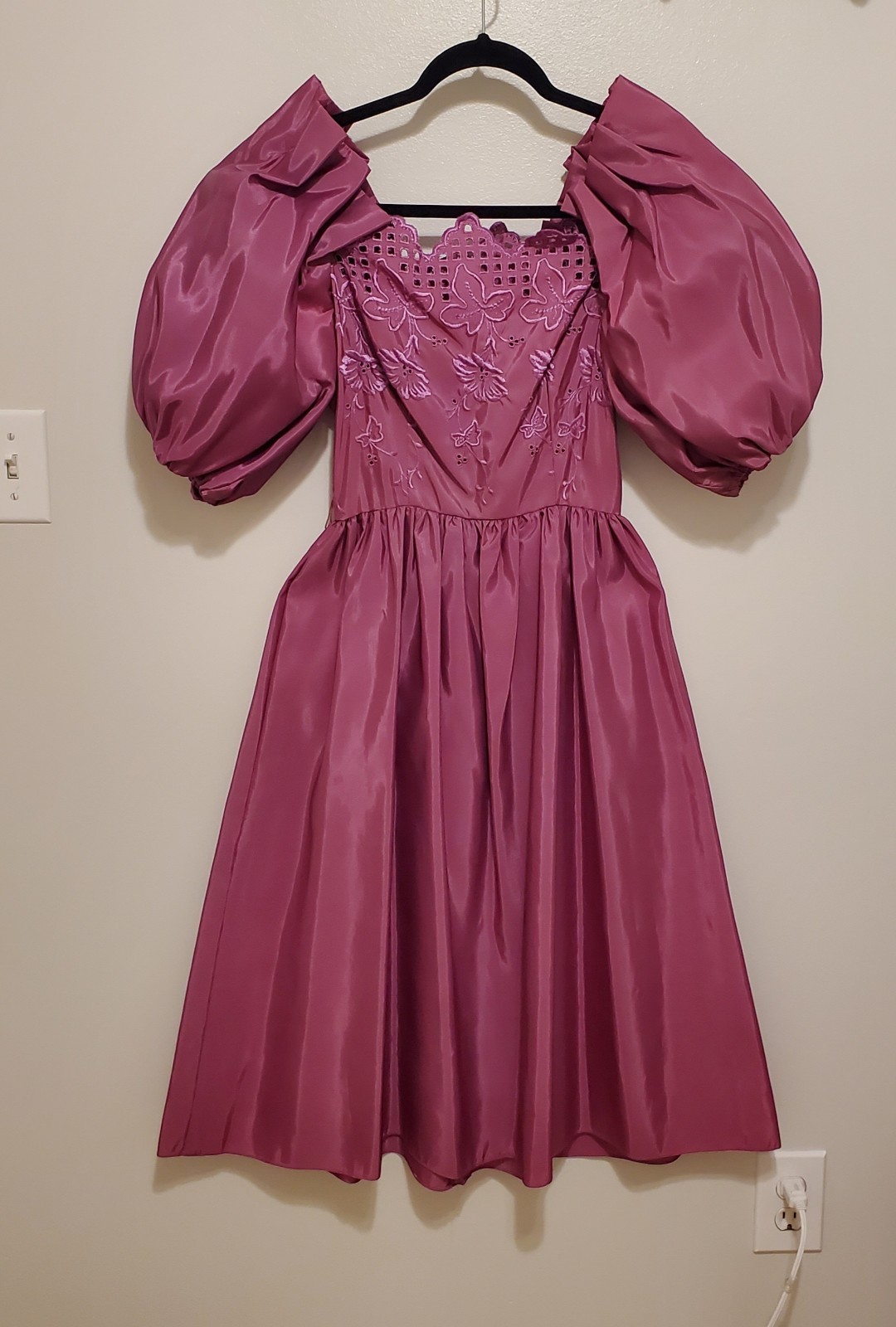 VTG Puff sleeve off shoulder taffeta mauve Prom Gown Dress 5/6 USA Union Made