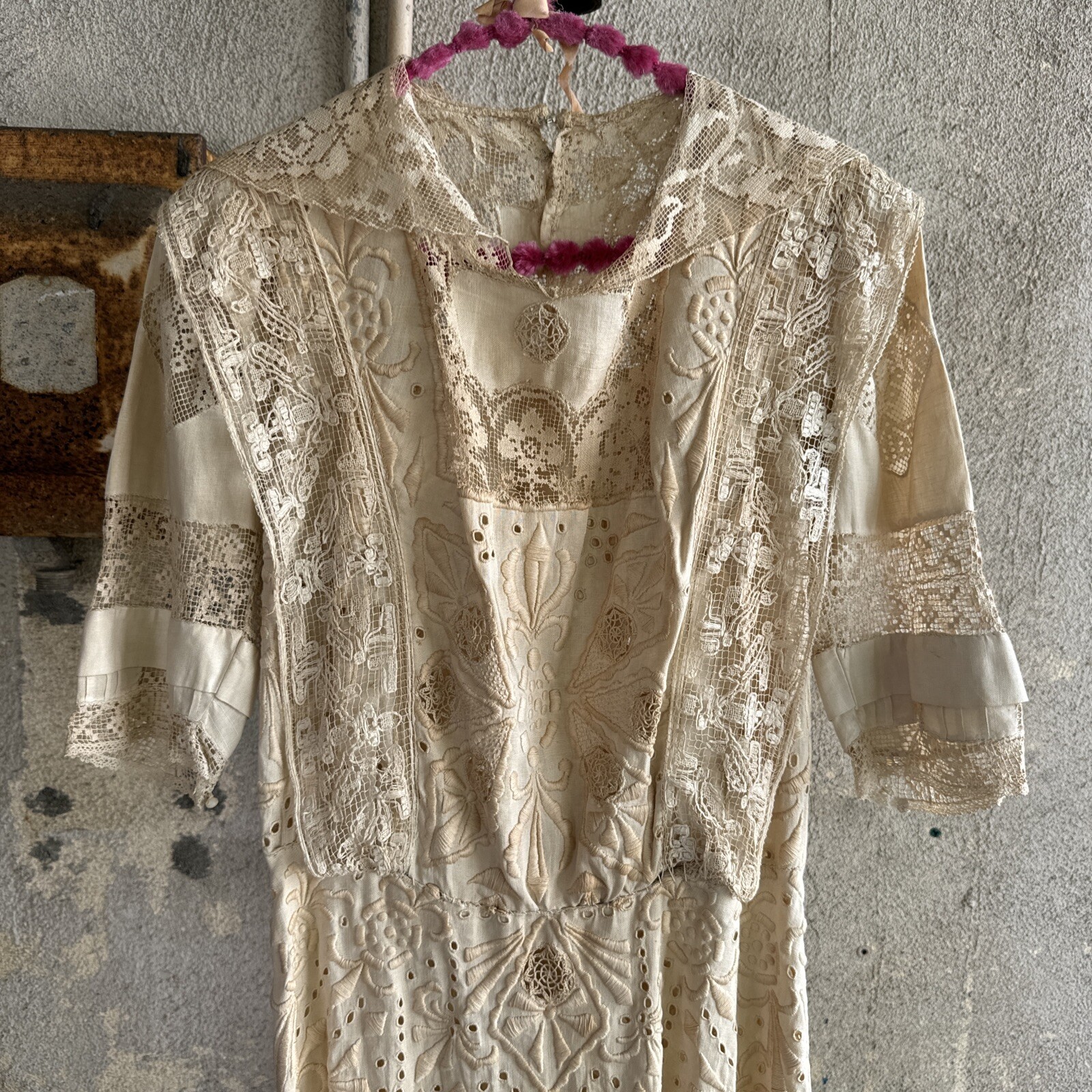 Antique Edwardian Mixed Lace Dress Hand Embroidered Gown Filet Crochet Vintage