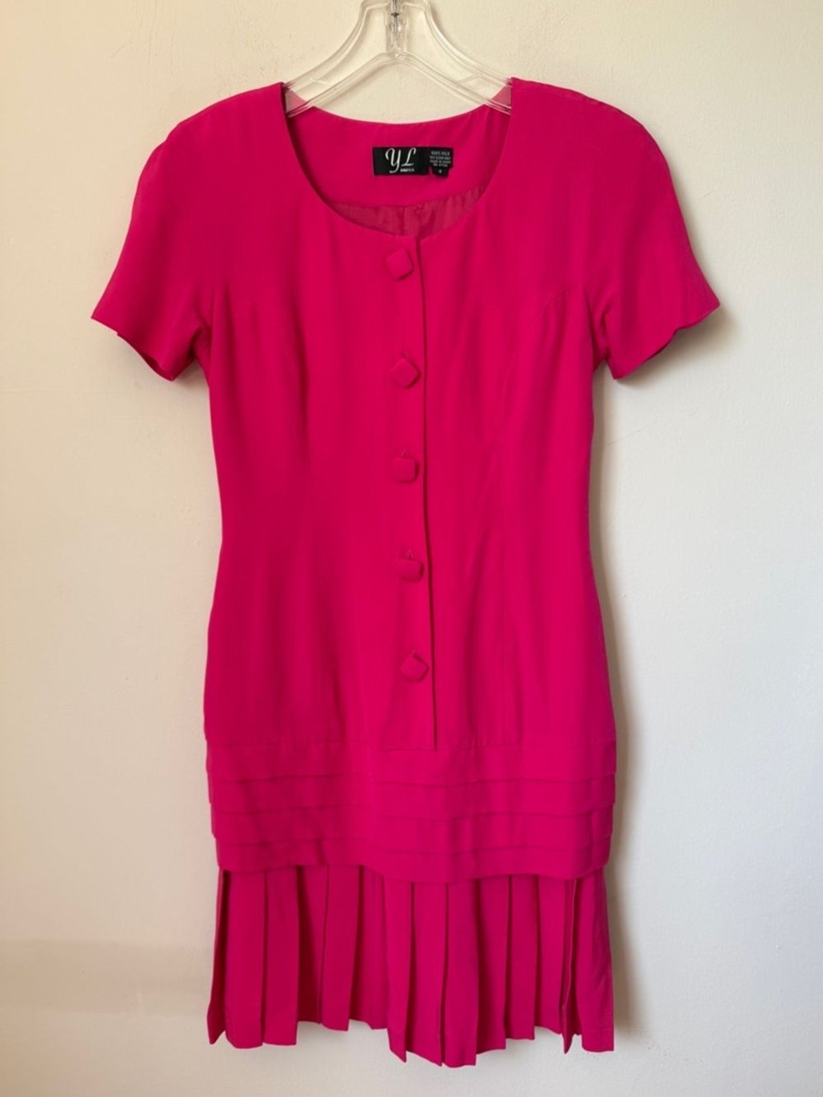 Vintage 80s Hot Pink 100% Silk Drop Waist Pleated Skirt YL Dress Size 4