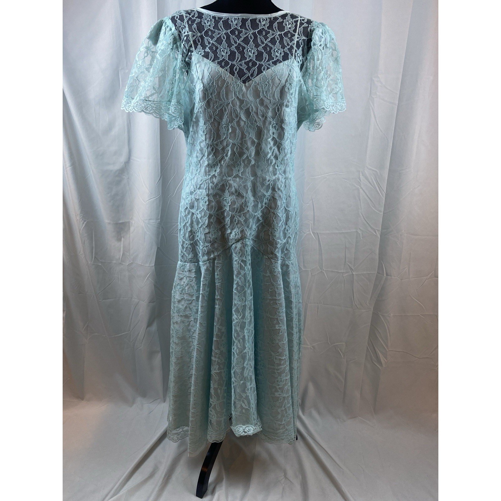 Vintage Made In USA Lace Lined Aqua Mist Long Formal Dress Women&rsquo;s Size 13/14