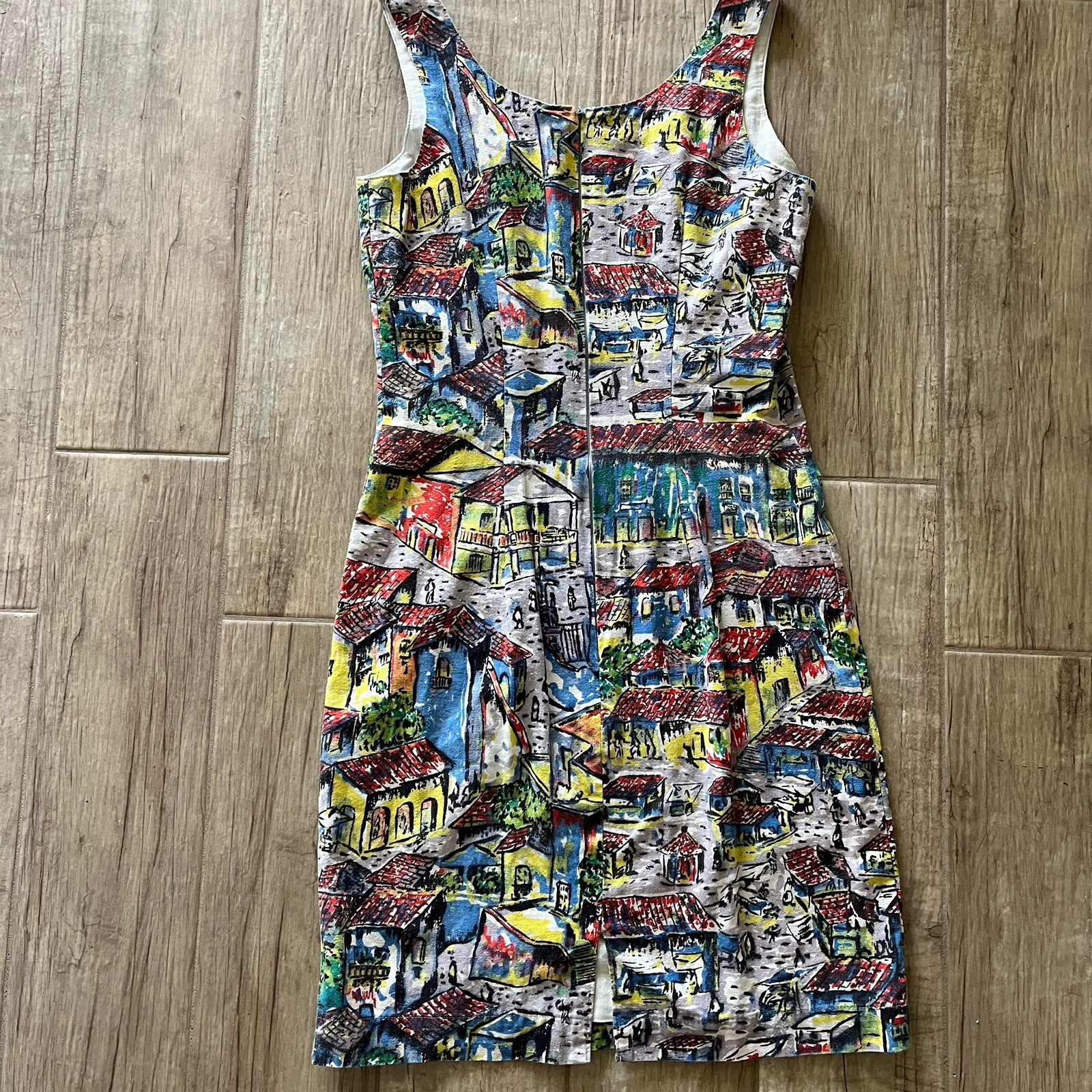 « Barkcloth » Fitted Dress Italy France Lined Scoop Neck Sleeveless Elegant Small