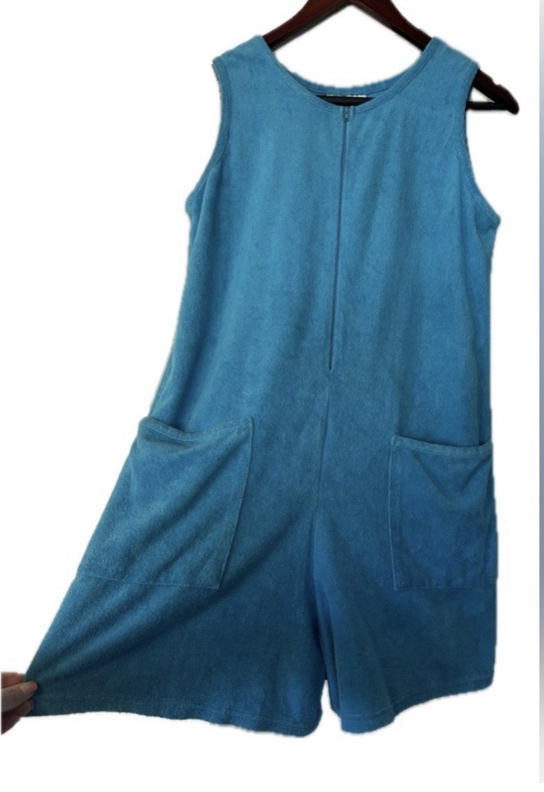 Vintage, Metropolitan Teal Terry Romper, swim suit cover. Women’s Medium. Zip.
