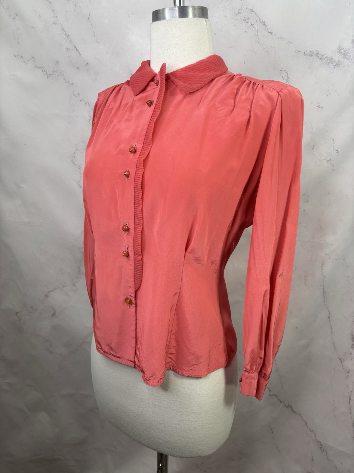 VTG 1940s Pink Button Up Blouse Pink Pleated Collar Retro Rockabilly 40s S Pinup