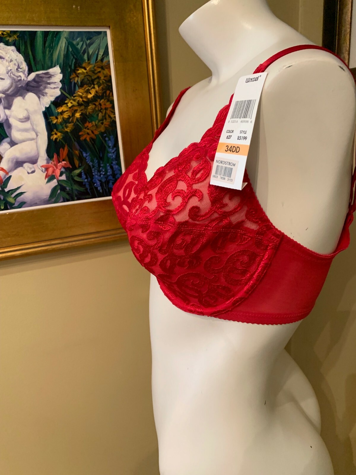 VINTAGE WACOAL 85199 ~ RED ARABESQUE SEMI SHEER FULL FIGURE UNDERWIRE BRA 34DD