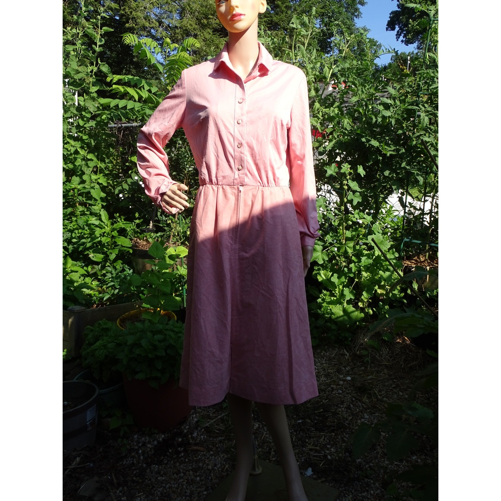 Vtg 70s Herman Marcus Dallas Shirtwaist Dress Dusty Rose Velvet Skirt Pockets M