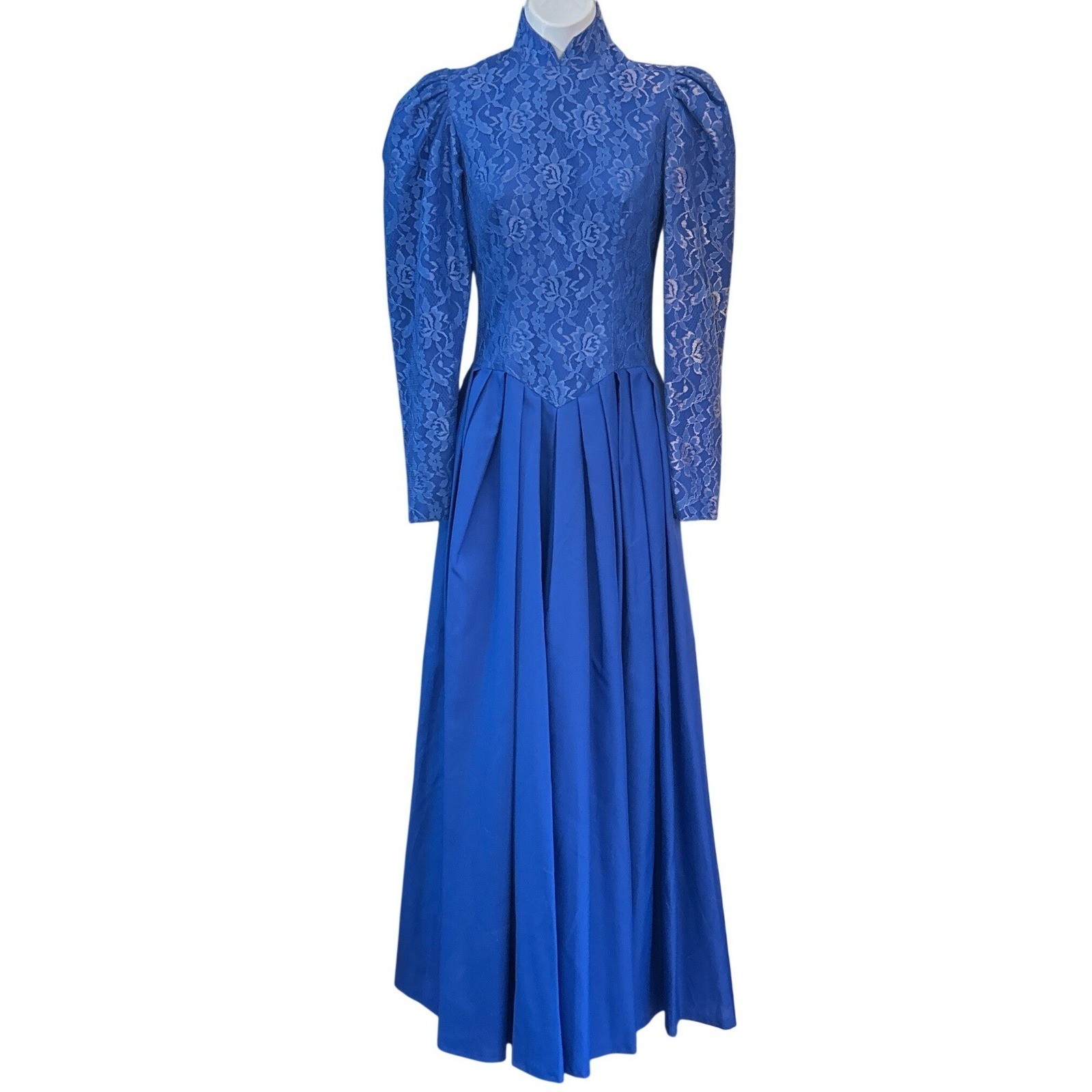 Vintage Unbranded Royal Blue Lace Maxi Dress Victorian Goth Prom Gown