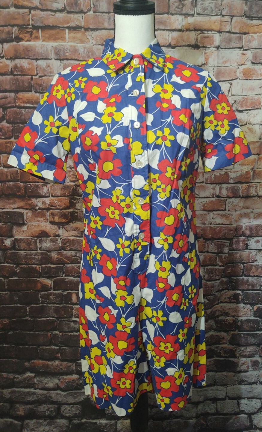 VTG JEANIE BY BLUE BELL INC. 1960-70s MOD BLUE ROMPER JUMPER FLORAL sz 13/14