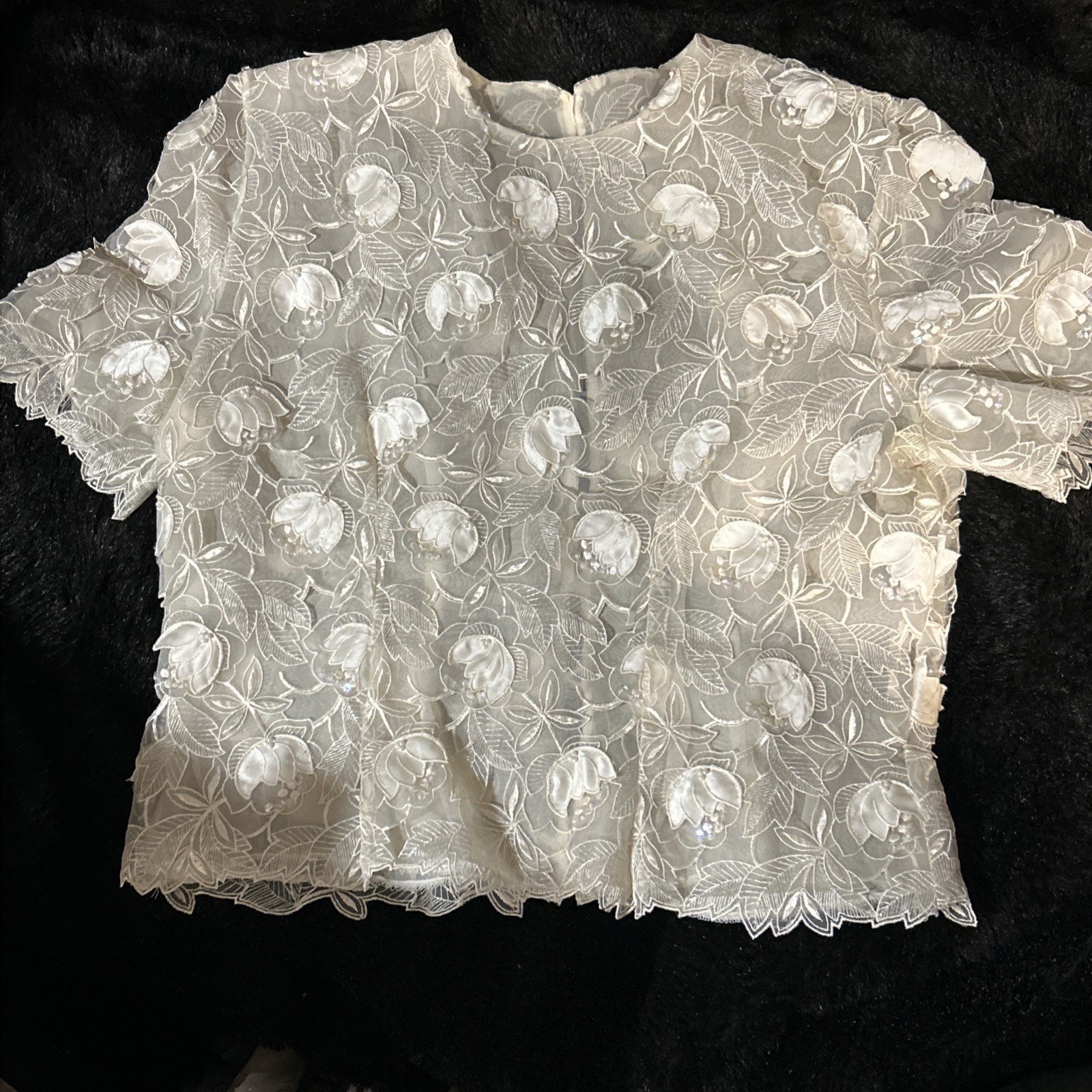 Vintage Beaded/Sequined Appliquéd Lace Top Pearl Style Buttons & Peekaboo Back