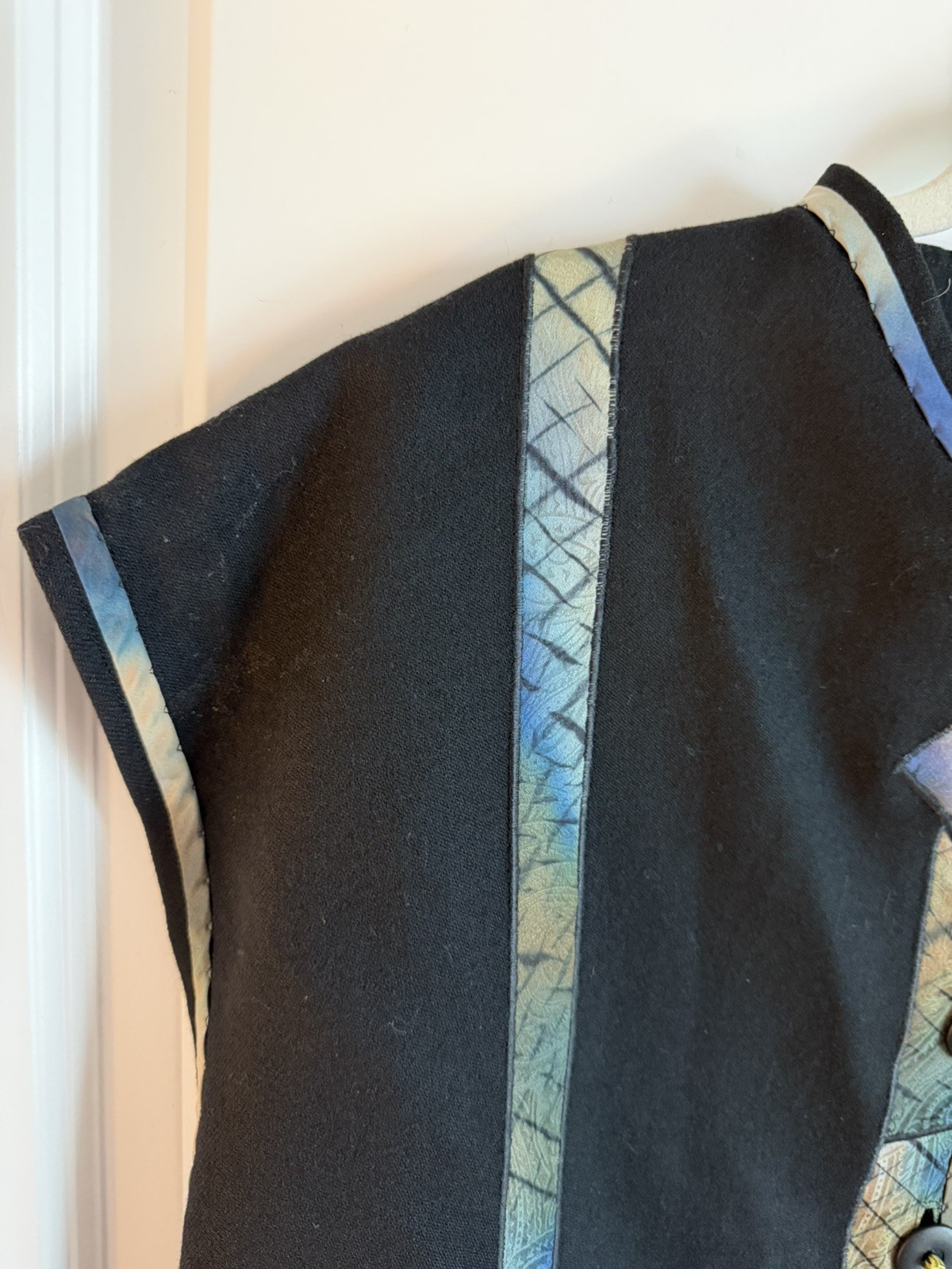 Avant Garde Wool Felt Tunic Top Black Blue Cutout Artsy Boho L XL