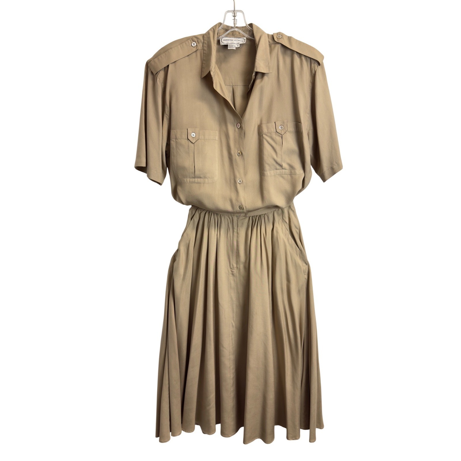 Adrienne Vittadini Vintage 100% Silk 2 Piece Safari Skirt Set Khaki Tan S/6