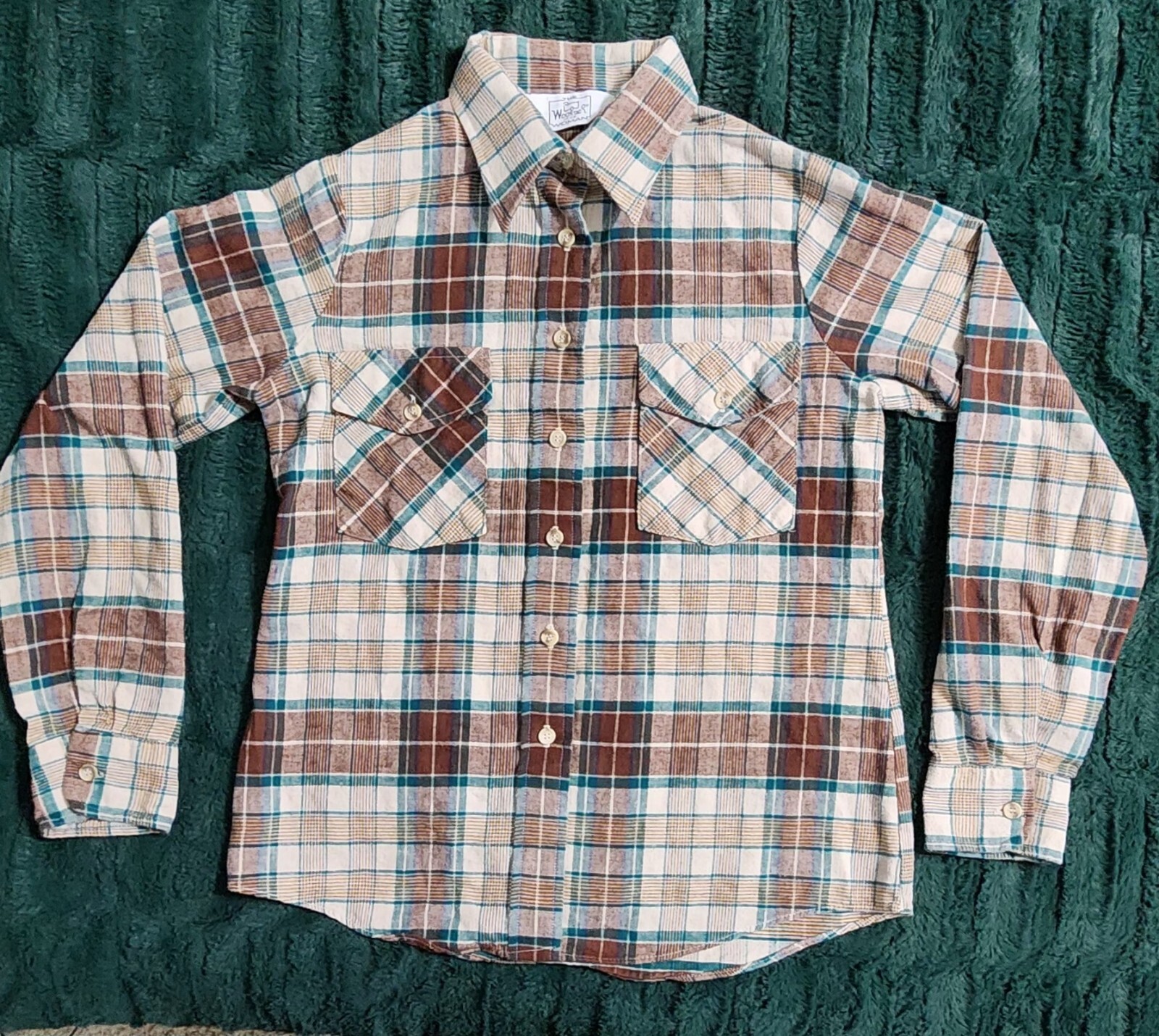 Vintage Woolrich Ladies 9/10 LS Green Brown Plaid Button Up Flannel Shirt
