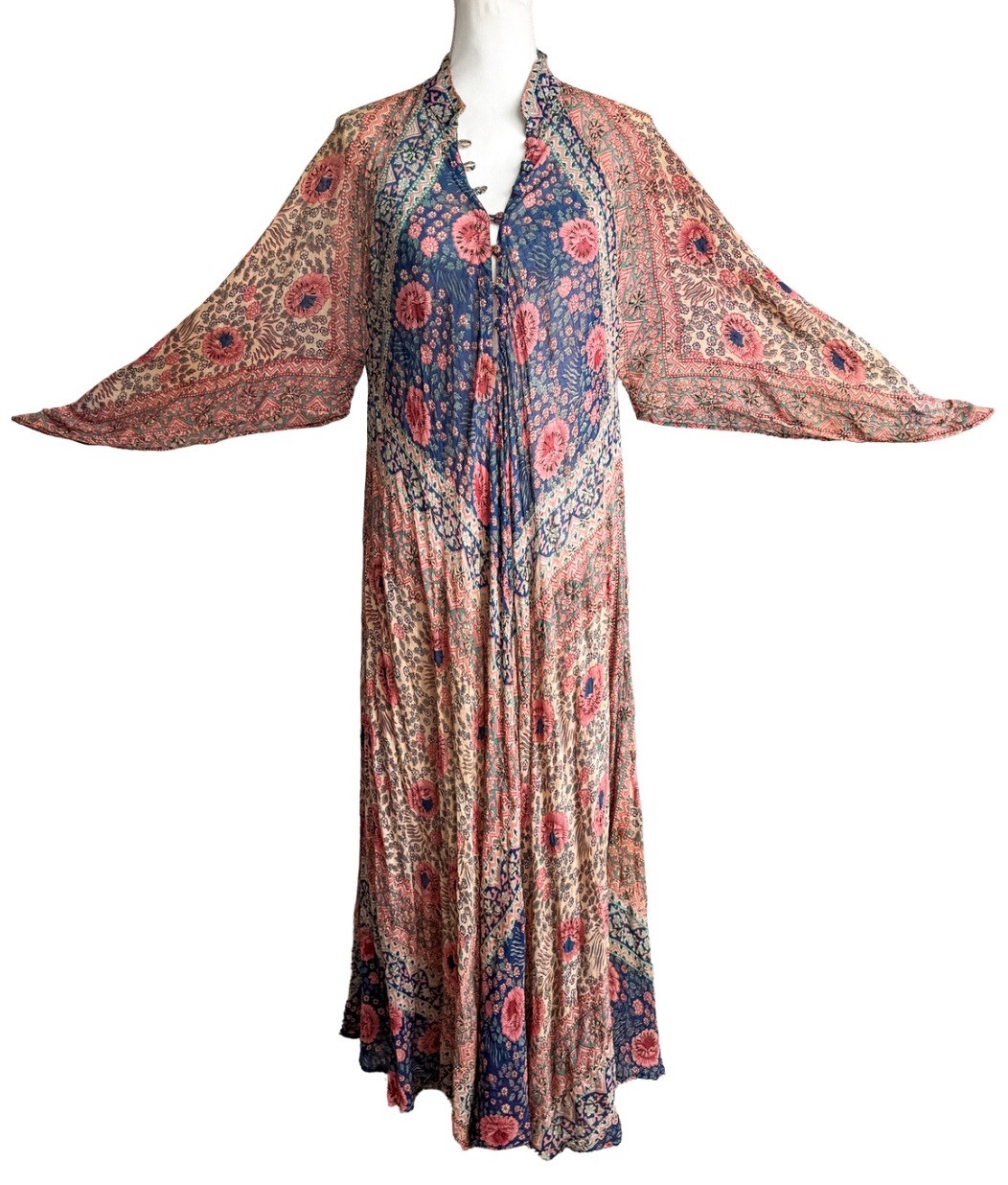 VTG 60-70’s ADINI Indian Sheer Cotton Gauze Lurex Caftan Maxi Dress Hippie Boho