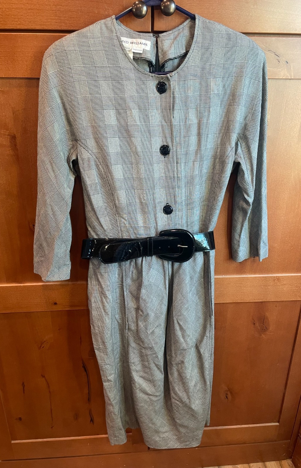 Vtg Lloyd Williams Rayon Silk Classic Houndstooth w/shoulder pads belt size 14