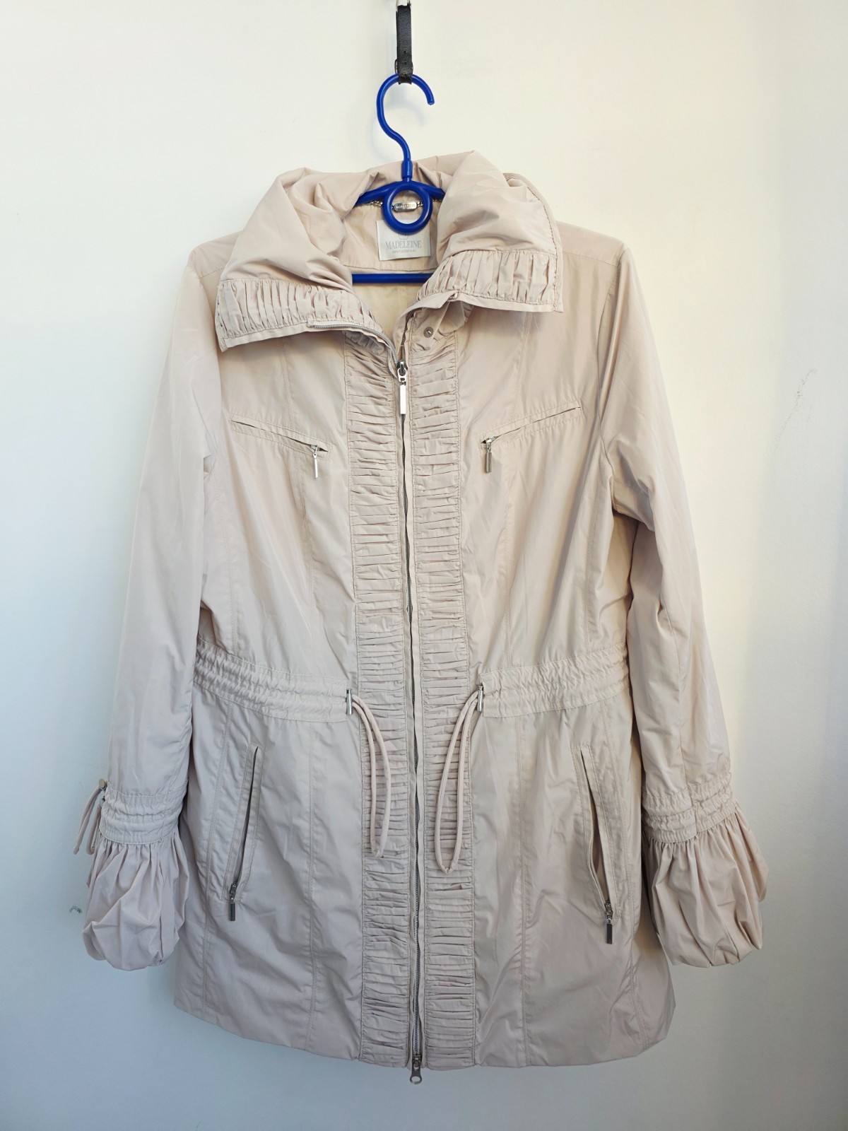 Vintage 2000s MADELEINE Beige Lightweight Jacket, Ruched Collar Coat, Utility Zi