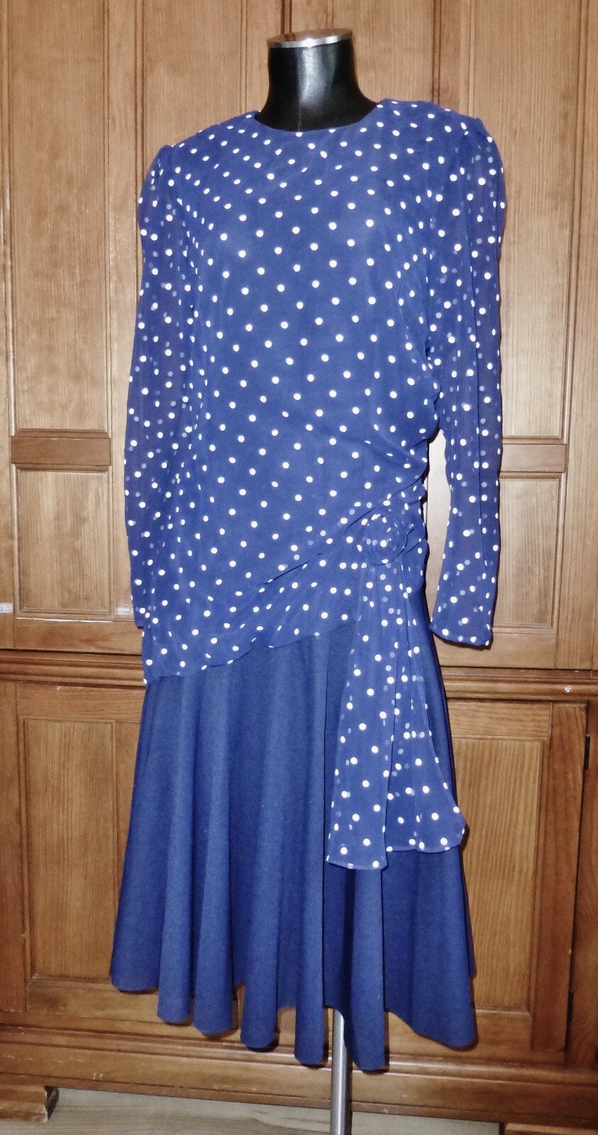 Vtg 70s SHEER CHIFFON Polka Dot Navy Cocktail Party Ruched Full Skirt DRESS M L
