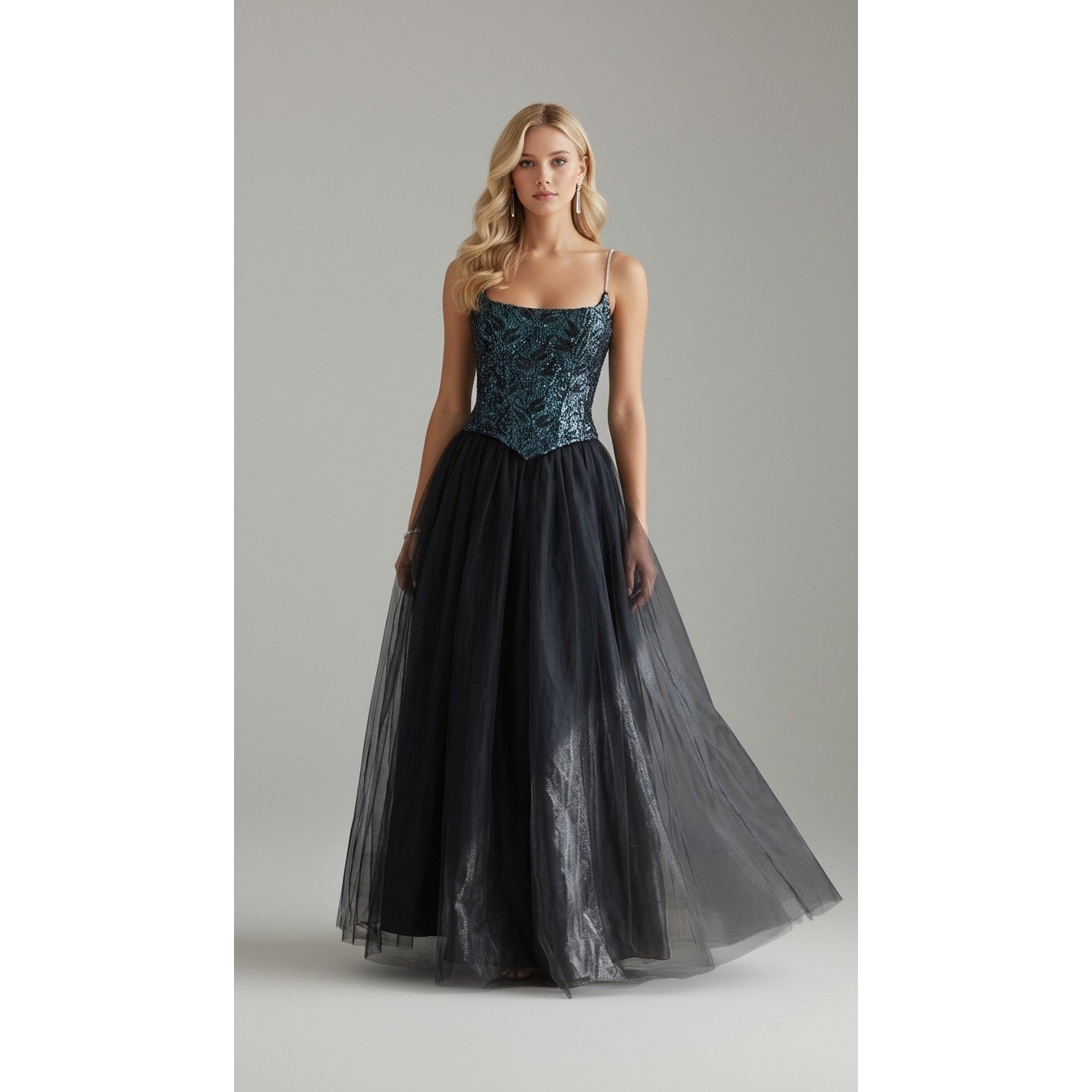 Vintage 90s Bari Jay Sequin Tulle Ball Gown Teal Black Prom Formal Dress Sz 3/4