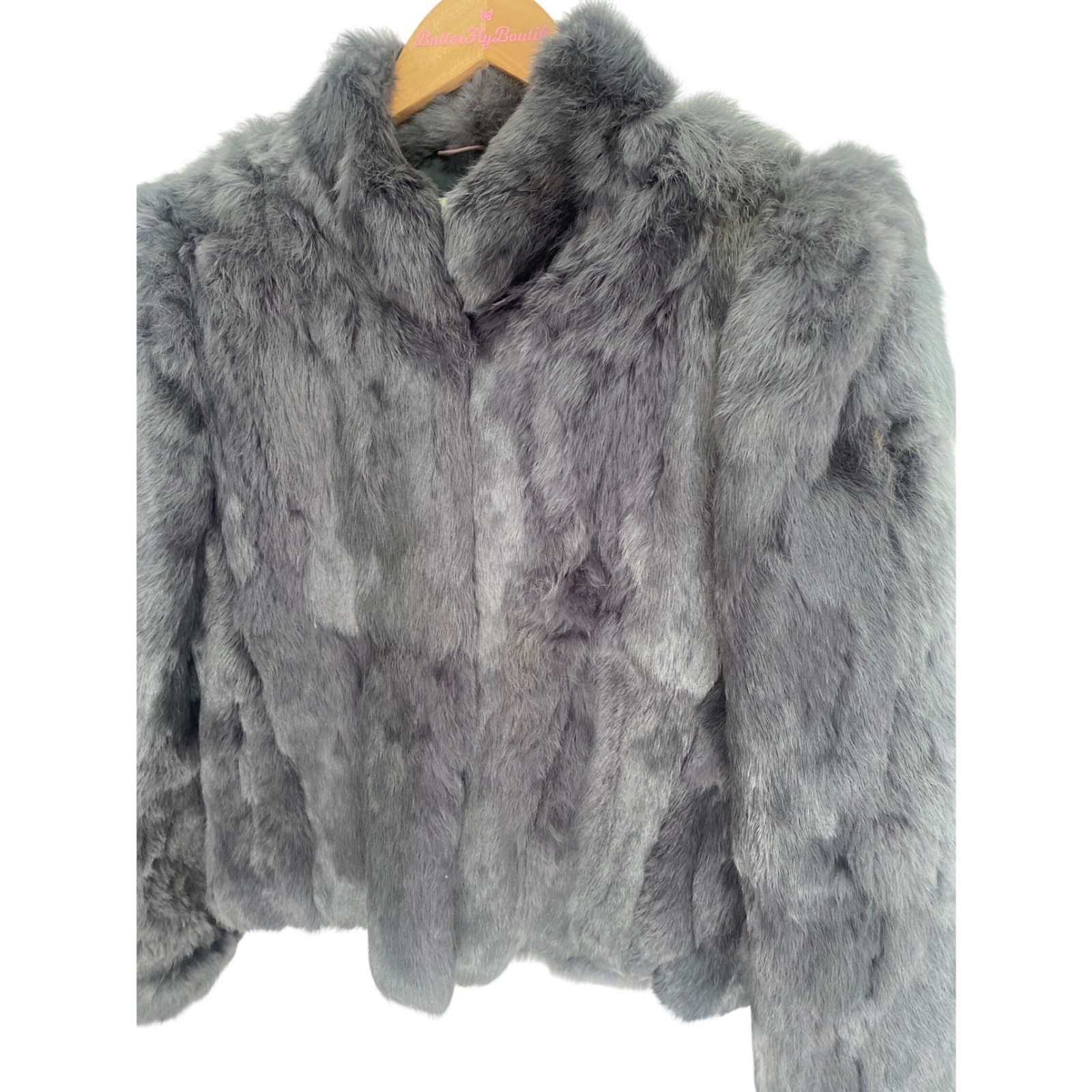 Vintage Gray Rabbit Fur Jacket Cropped Stand Collar Quilted Lining Gray Small