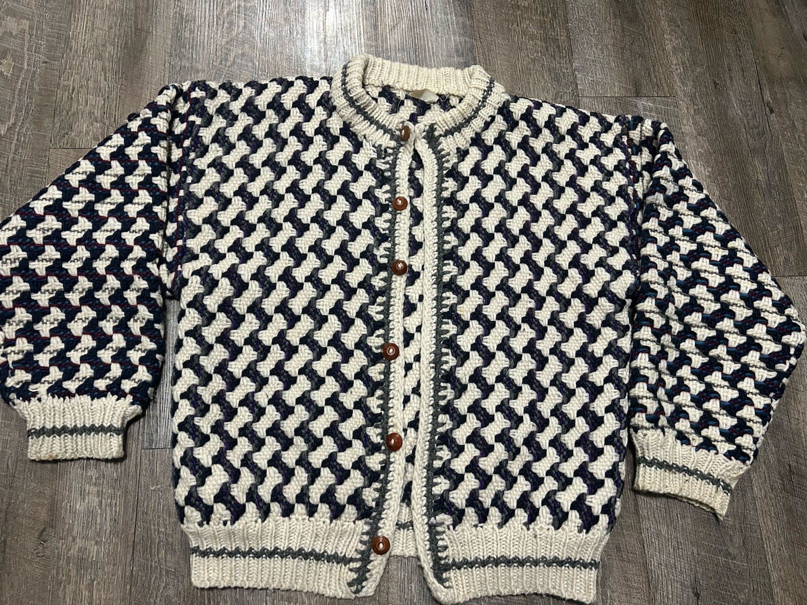 Vintage Warm Wool Rey-Wear Button Down Sweater Wooden Buttons Ecuador