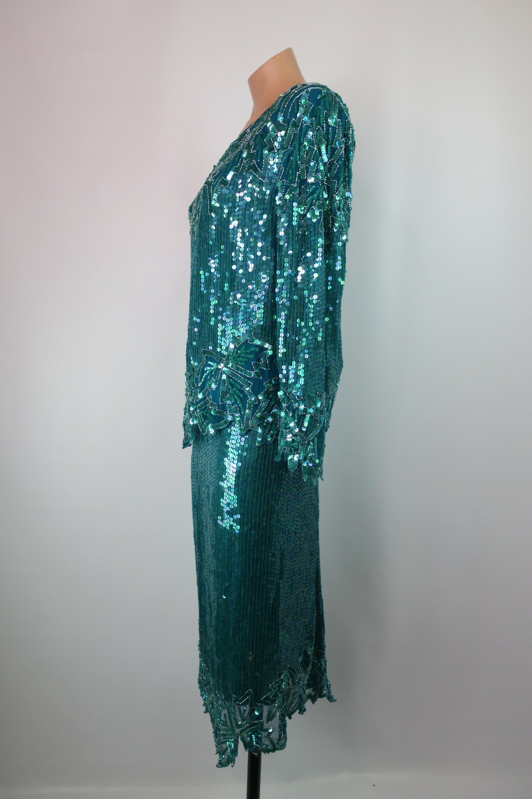 VTG Scala Gatsby Flapper Evening Top Skirt Set Sequin Silk 2-PC Short Sleeve M