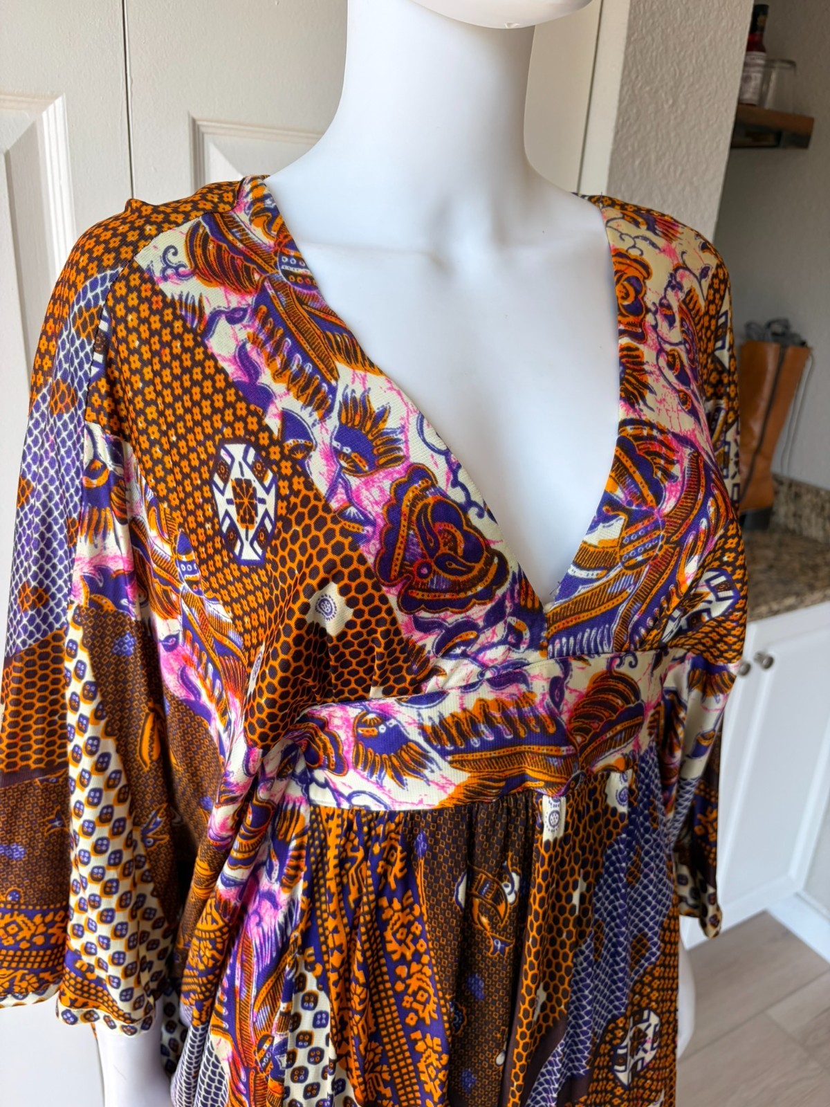 Vintage 70&rsquo;s Colorful Pattern Kaftan Maxi Dress