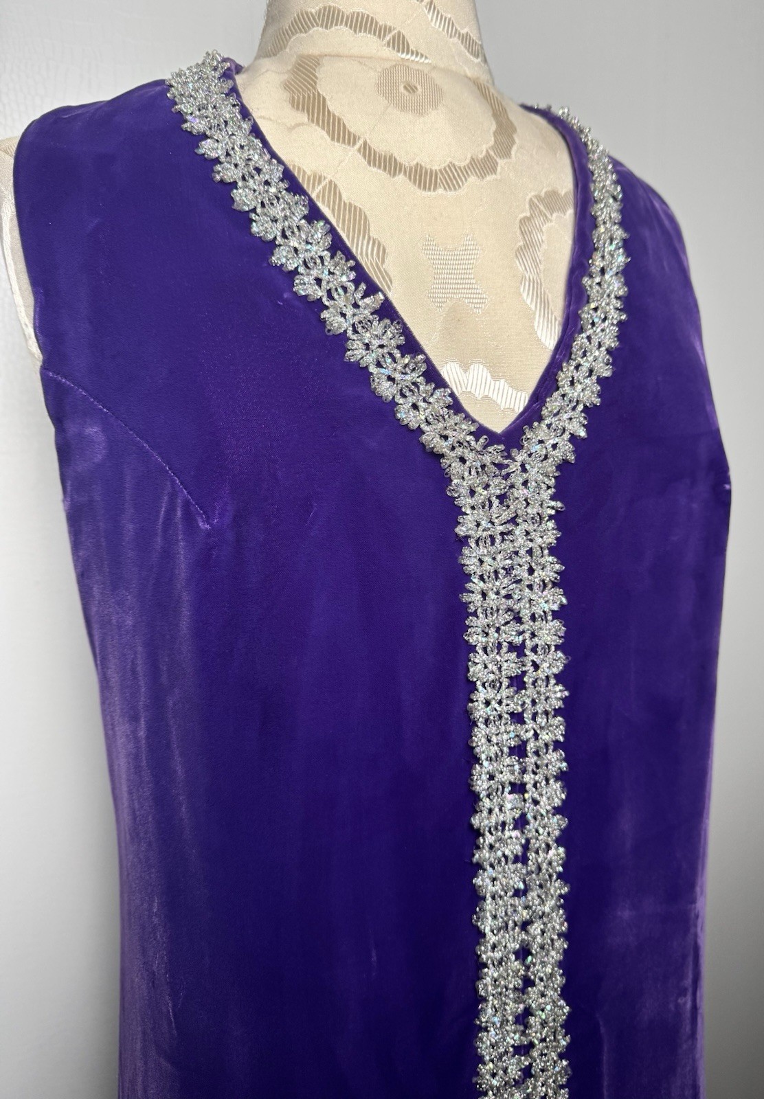 Vintage Purple Velvet Hostess Gown Silver Trim Maxi Caftan Stage Dress