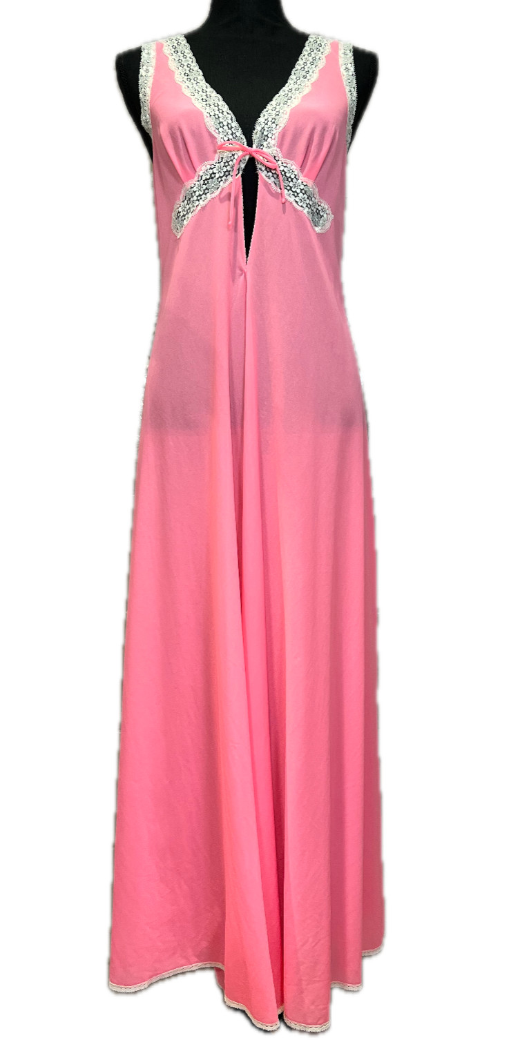 Vintage Claire Sandra Lucie Ann Beverly Hills Pink Negligee w/ Lace Trim SZ S/M