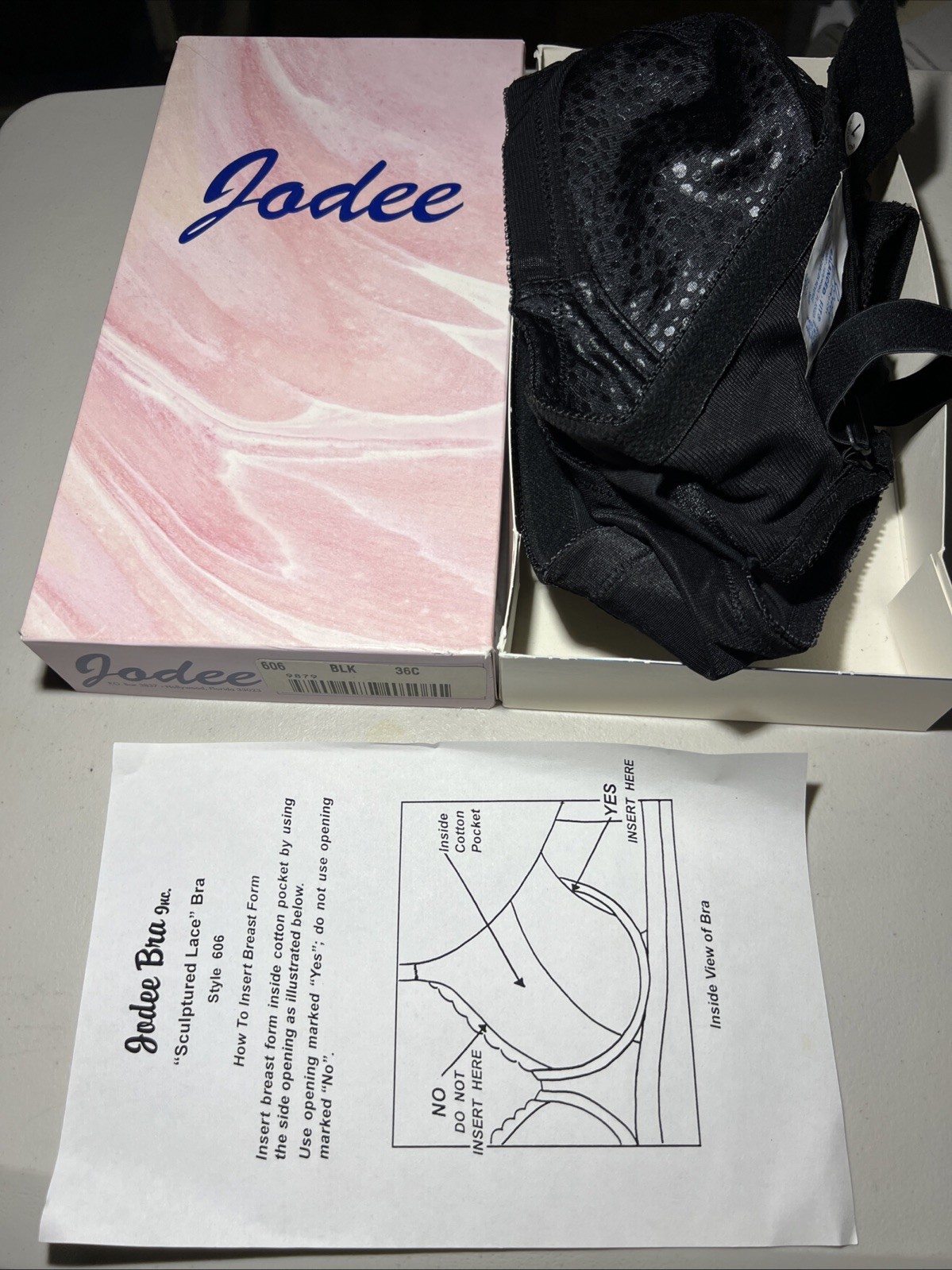 NEW Jodee Surgical Style 606 Post Mastectomy Bra Black w/Pockets USA-MADE 36C