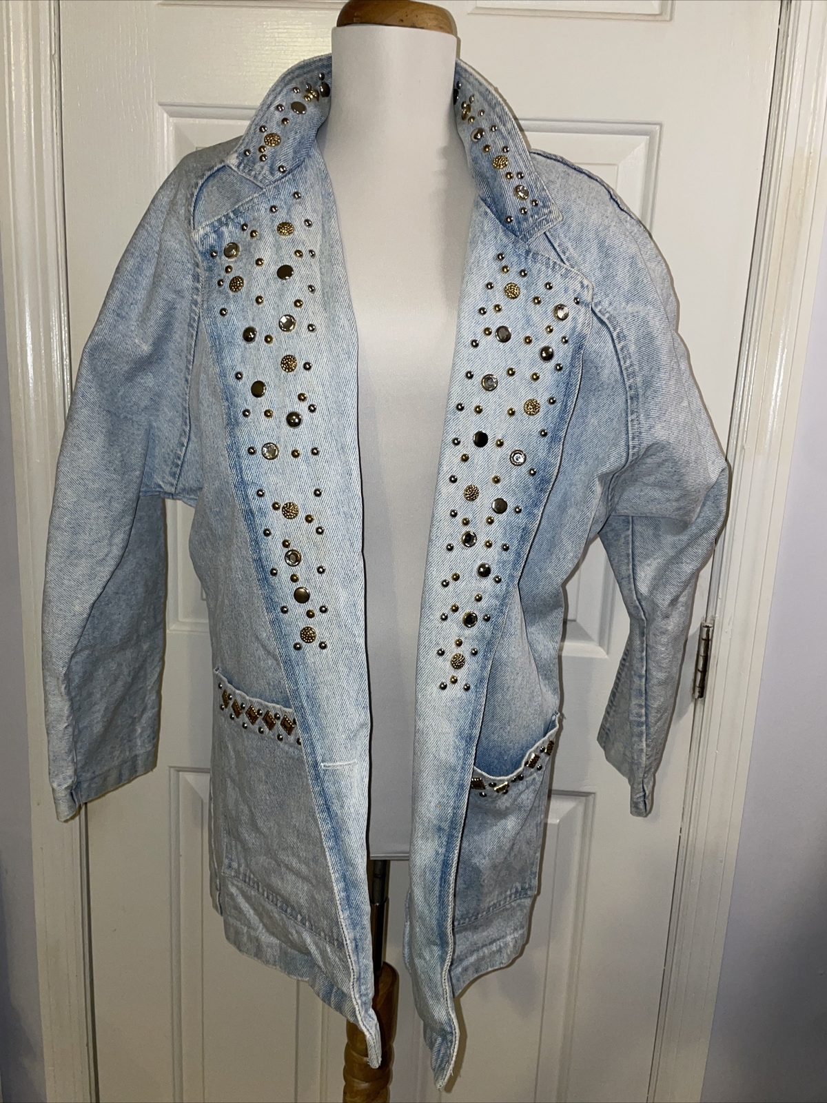 VTG RIO Light Blue Cotton Studded Western Button Denim Jacket Womens Sz S