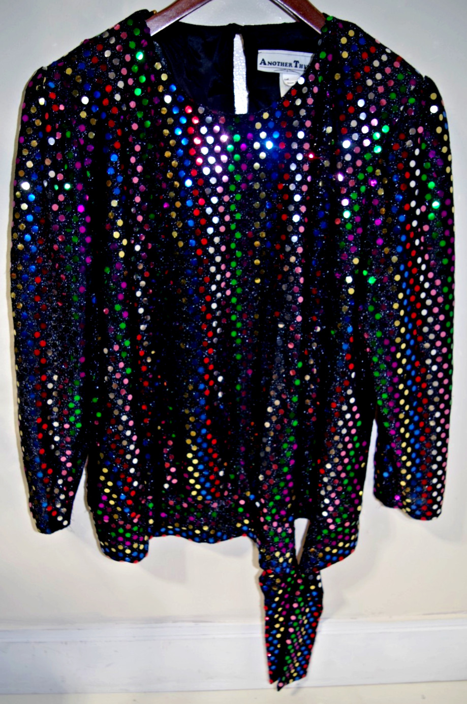 R2 – Another Thyme Top Vintage 20 Multicolor Dots Black Stretch Metallic Blouse