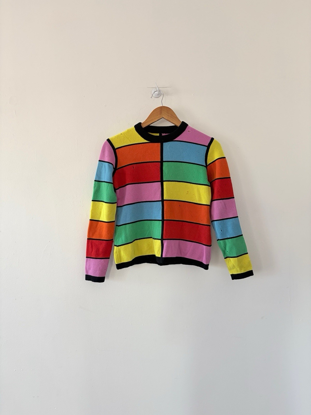 1960s Mod Geometric Color-Block Day Glo/Rainbow Wool Crewneck Sweater AS IS