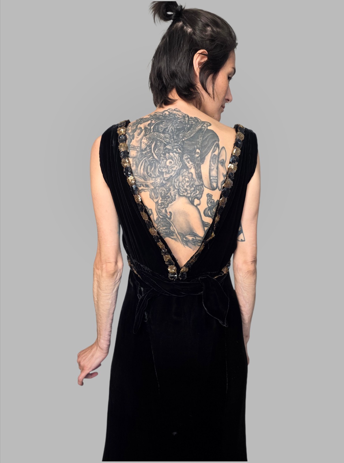 Authentic 1930s Black Velvet Evening Gown | Sequin Trim & Sash | Old…